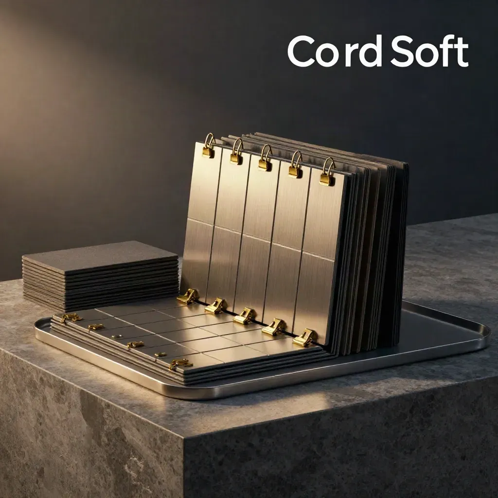 Modular planning kit with task tiles, brass clips and charcoal folders on steel.