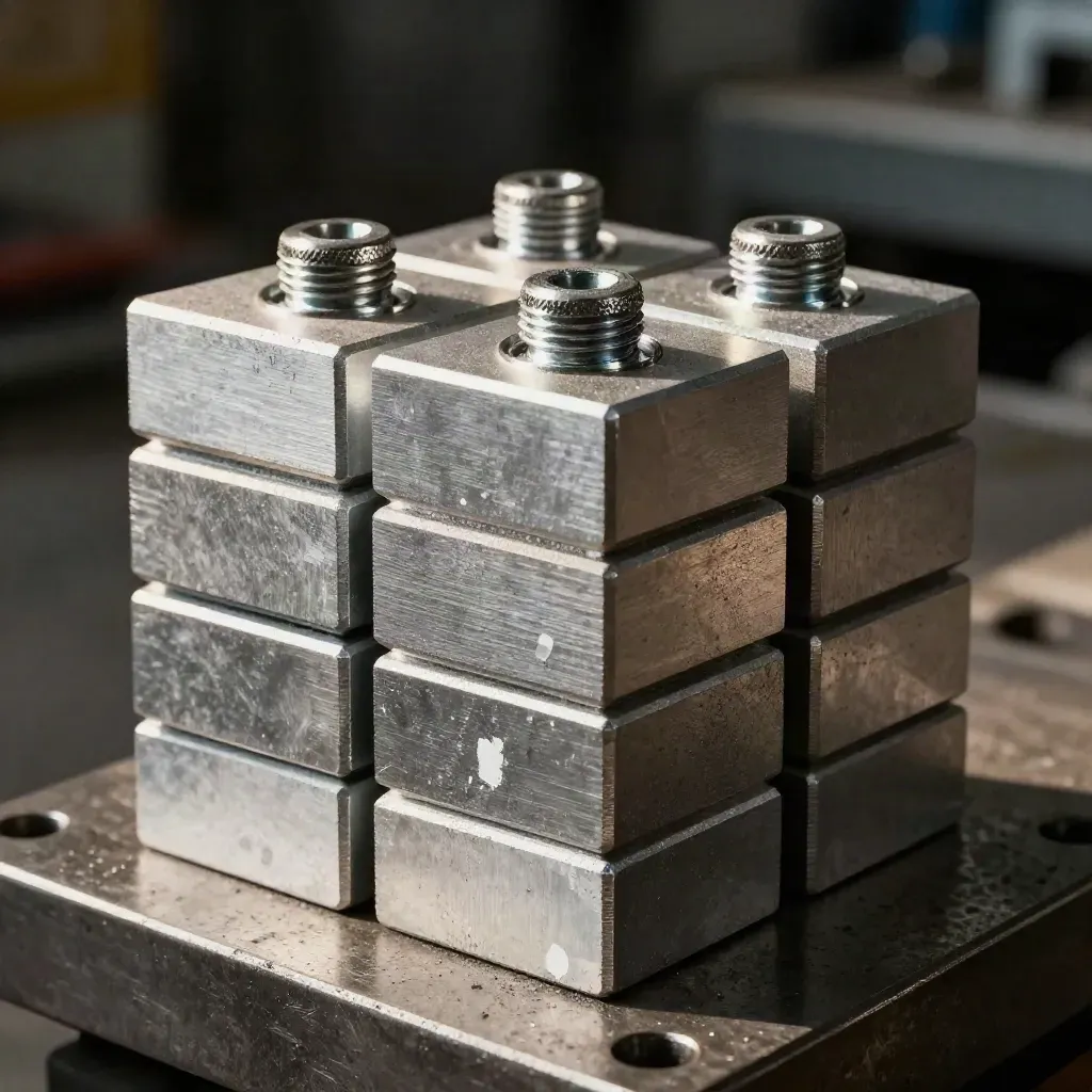 Aluminum spacer blocks and knurled screws stacked on steel in a fabrication shop close-up.