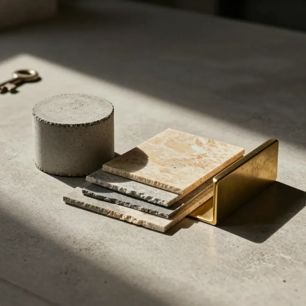Concrete core sample, stone veneer swatches, and brass bracket on a studio concrete slab.