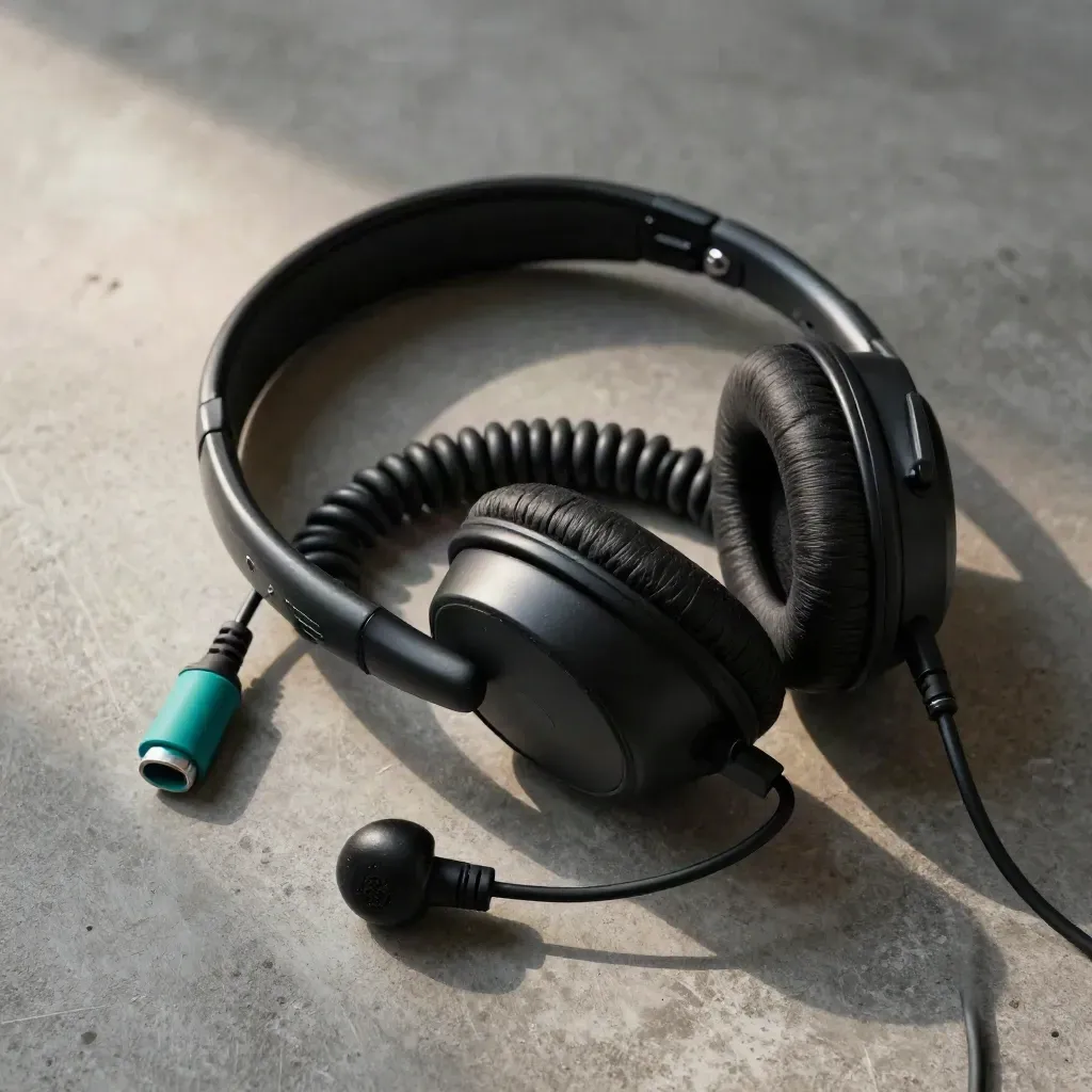 Radio headset, coiled cord, and cable clips arranged in a premium flat lay on dark stone.