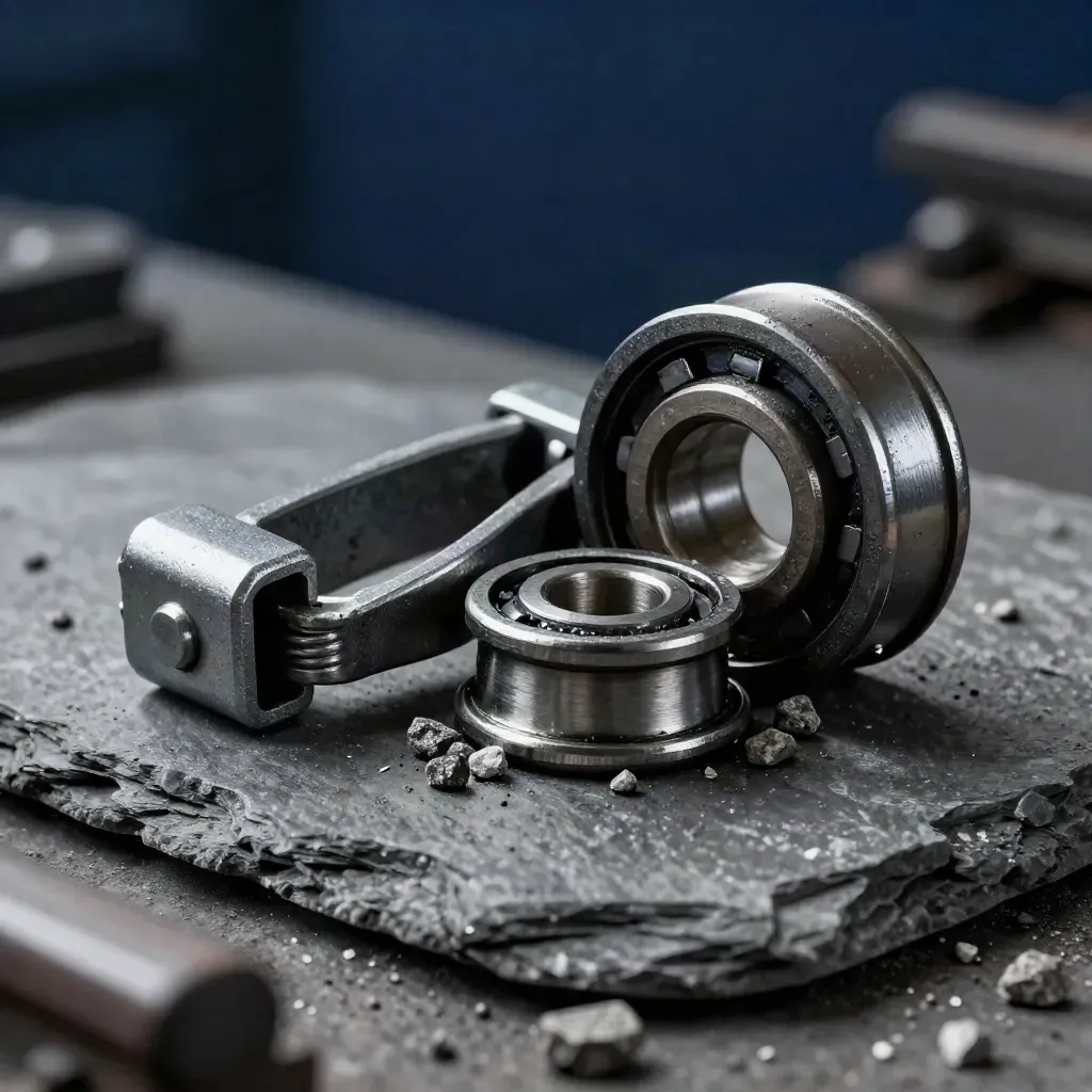 Macro of rail fastening clip, greased bearing cup, and ballast chips on slate