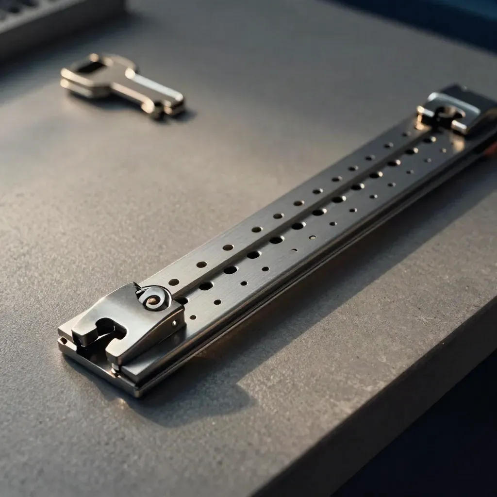 Matte steel spring clips on a perforated rail, dramatically lit on a graphite workbench.