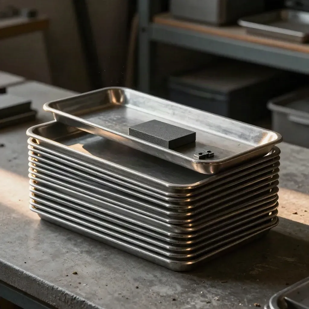 Brushed-metal resource trays and a weighted block stacked mid-placement in dramatic workshop light.