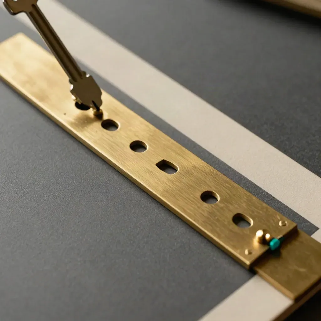 Brass task tiles with alignment pins on a graphite planning surface, top-down.