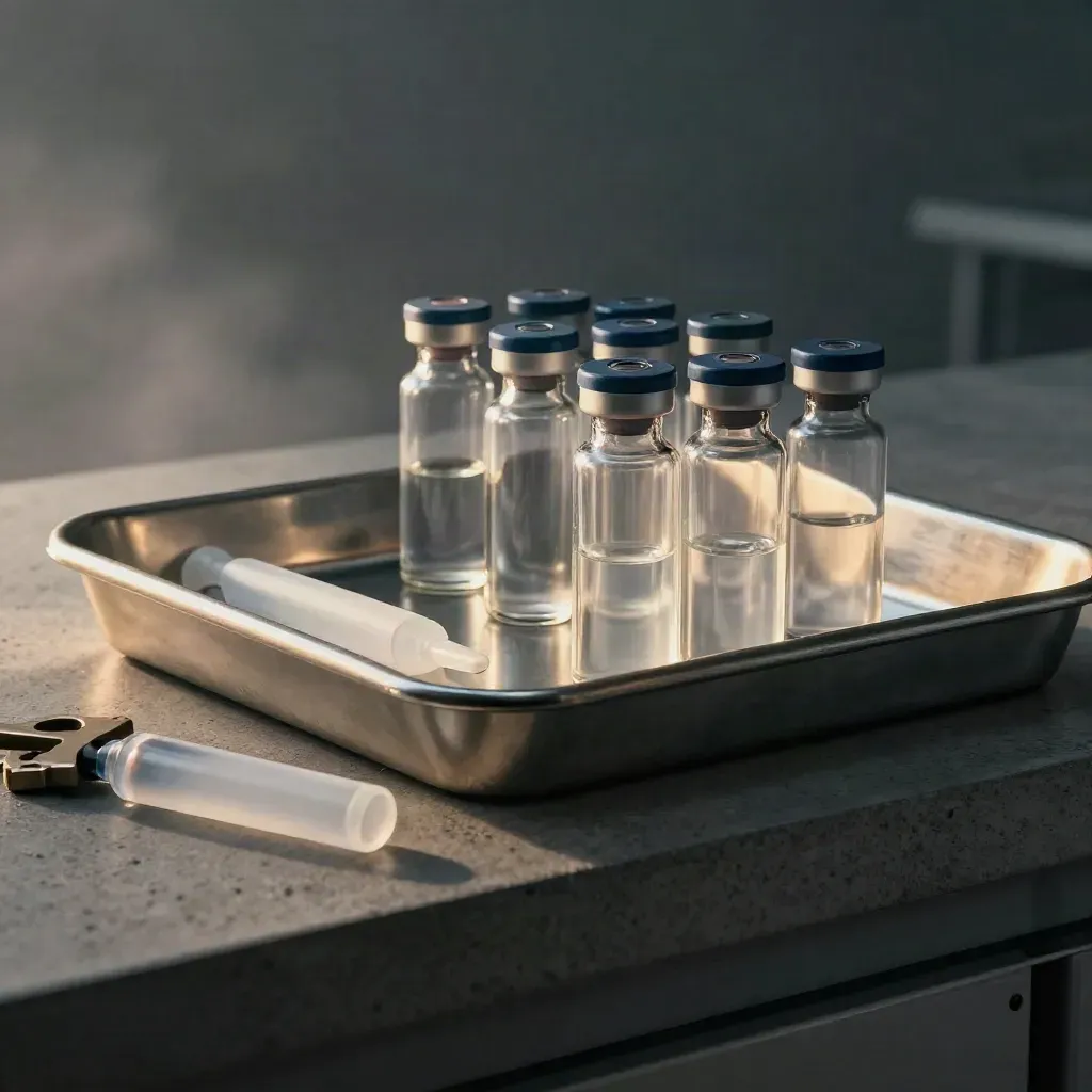 Sterile vials and transport tubes lined into a brushed aluminium tray on graphite concrete.