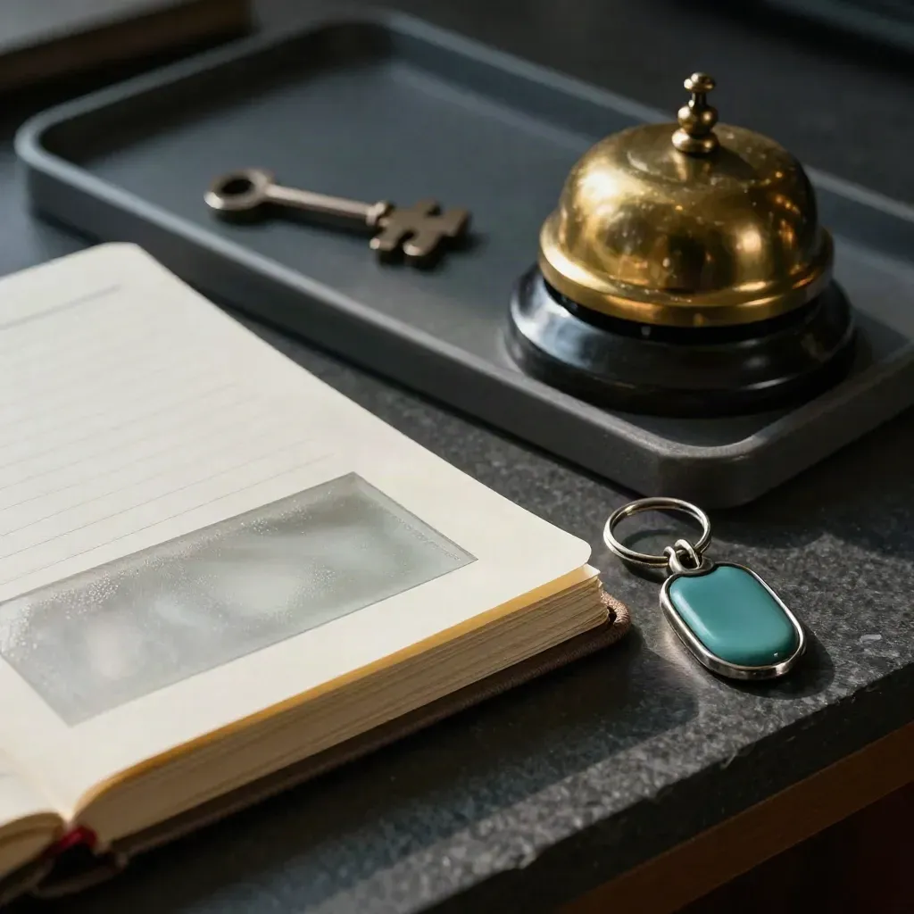 Ledger notebook, desk bell, brass paperweight and keyring on slate, seen through frosted glass.