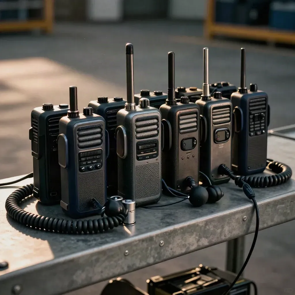 Handheld radios and charging cradles on a warehouse shelf in dim haze