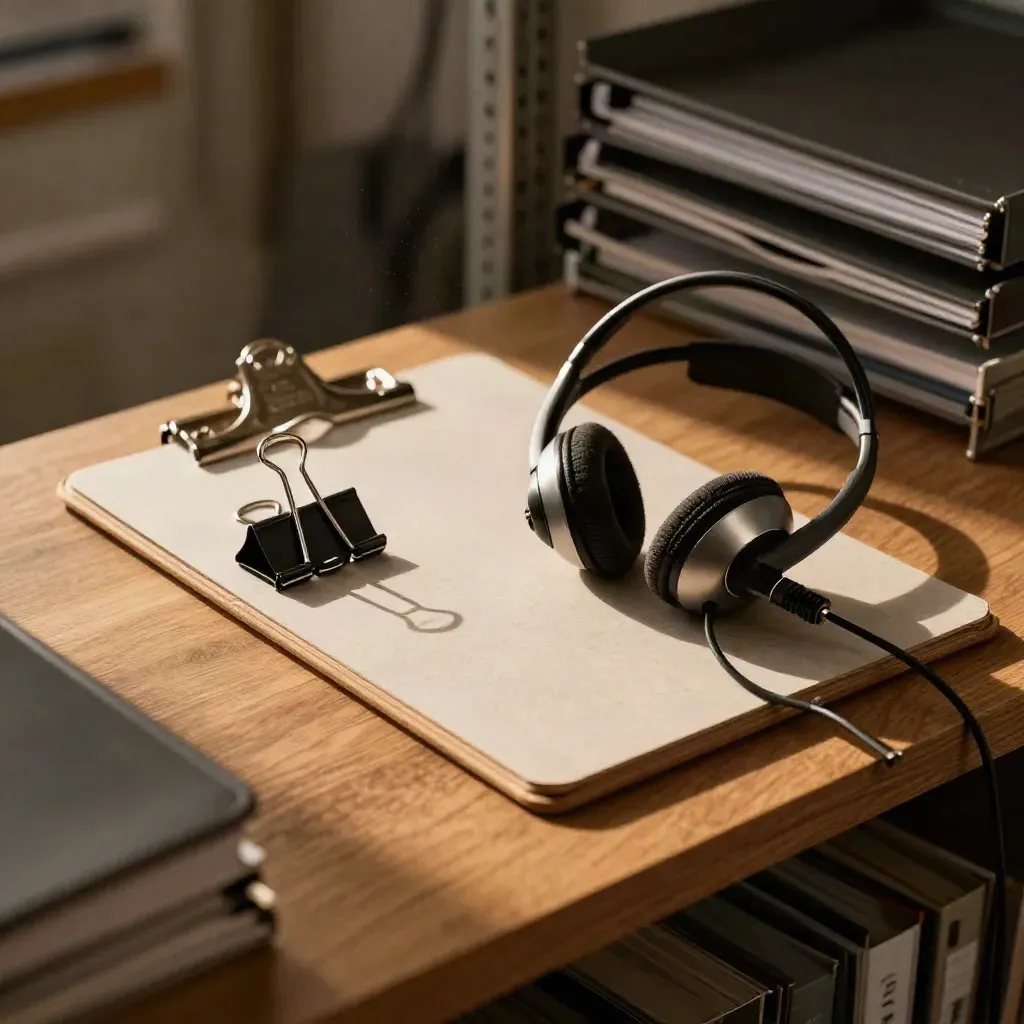 Clipboard, binder clips and rugged headset dock on a dusty oak shelf, shot through blurred shelving.