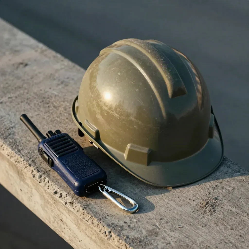 Dusty olive hard hat, site radio and steel clip on concrete with dark bokeh