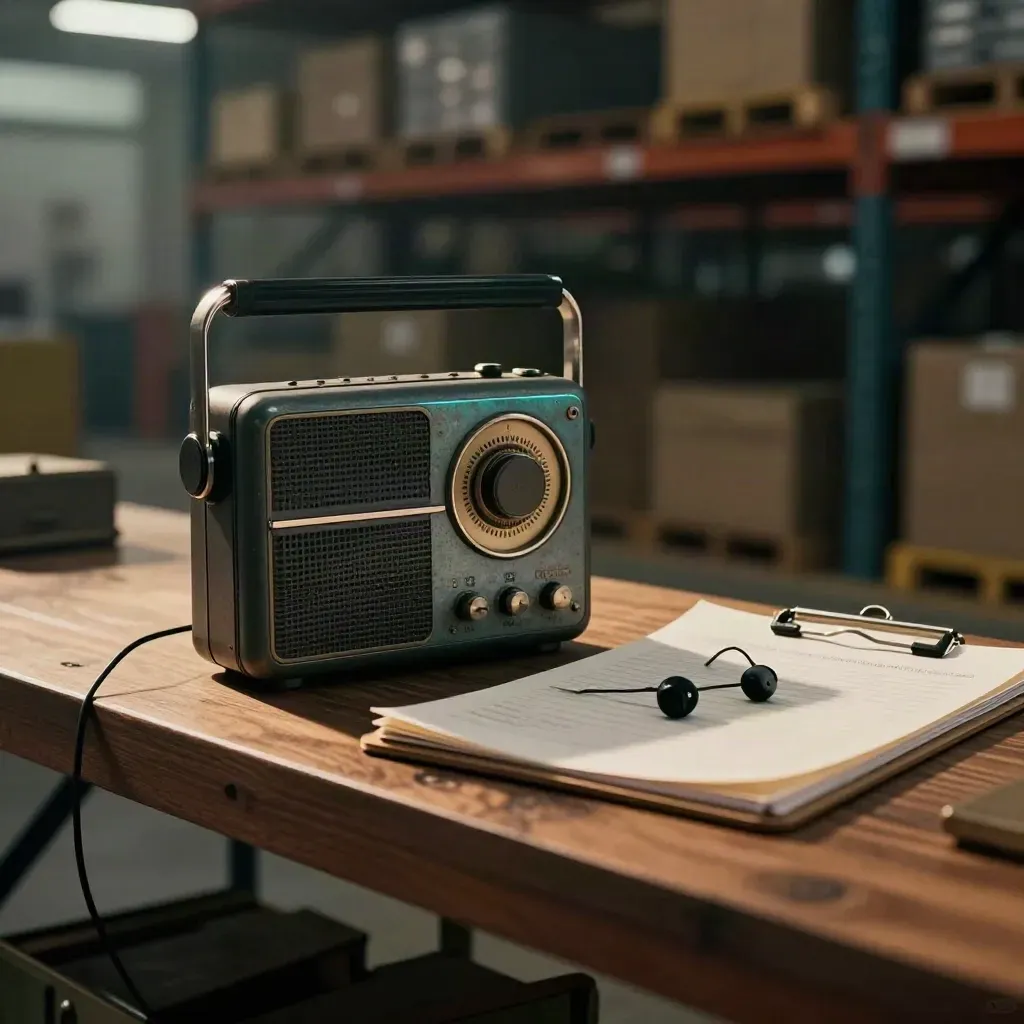 Dispatch radio, dock clipboard and coiled earbud on walnut plank in dim warehouse light.