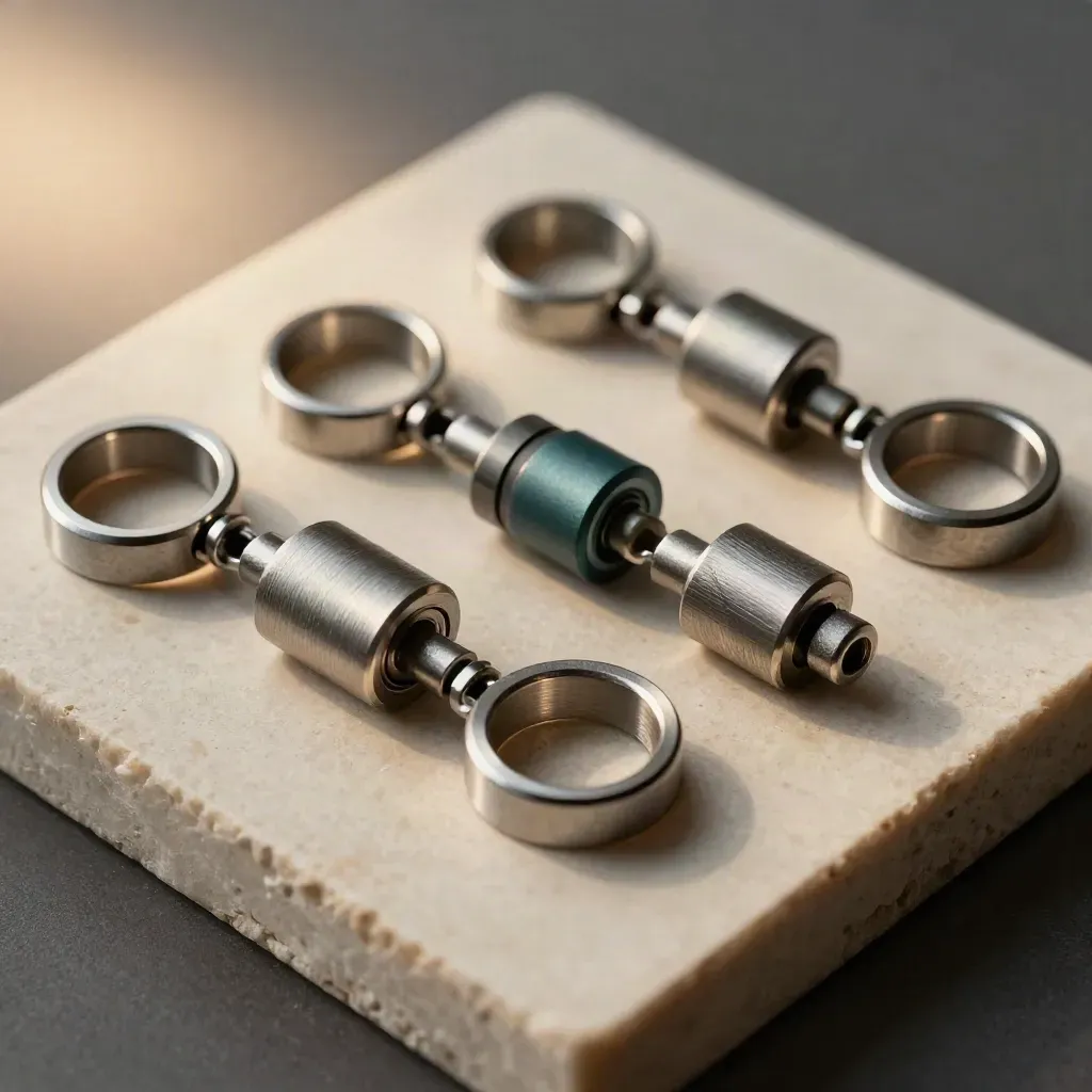 Macro flat lay of steel connector rings and modular blocks on pale stone with a muted teal accent.