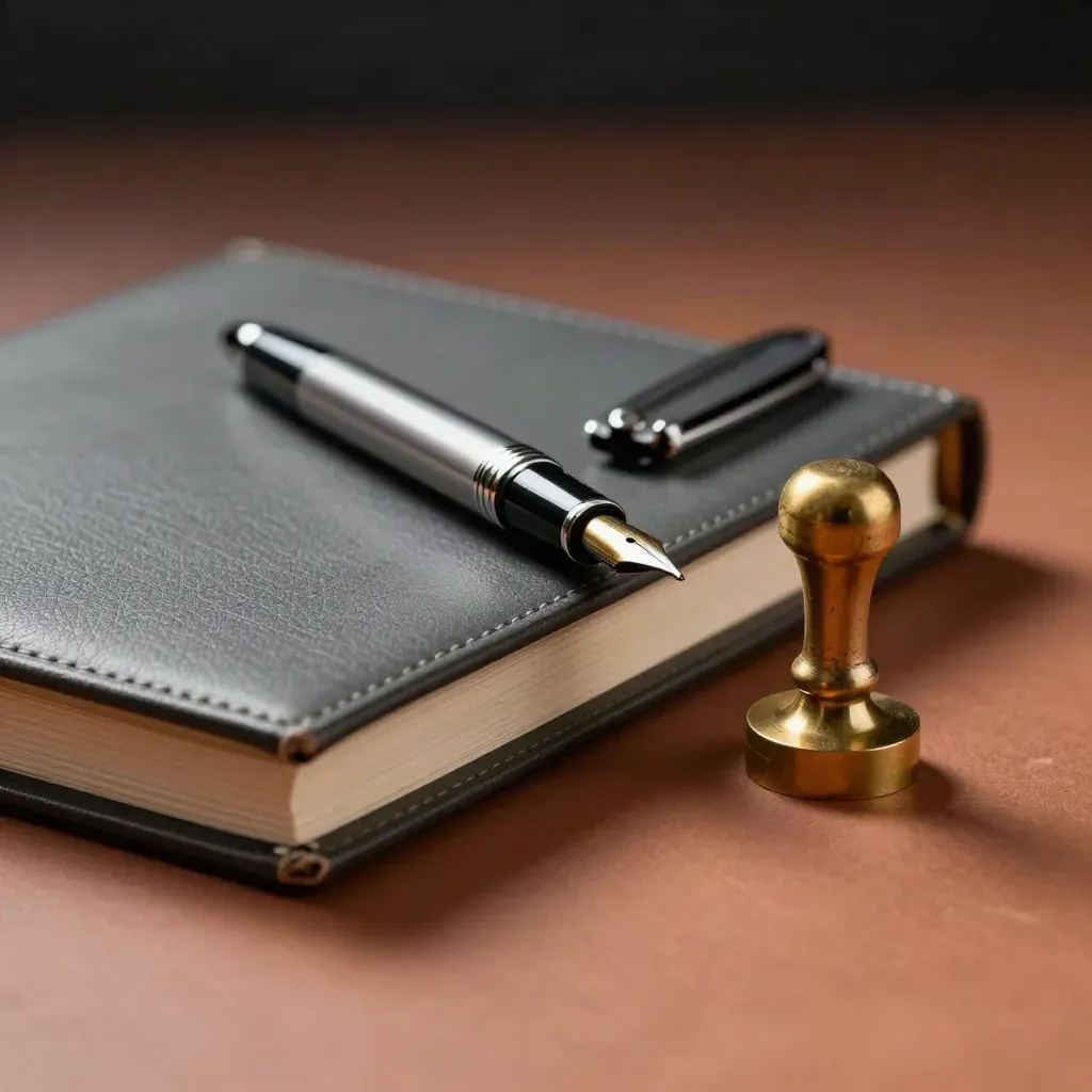 Binder, fountain pen and brass desk seal in dramatic close-up on clay surface.