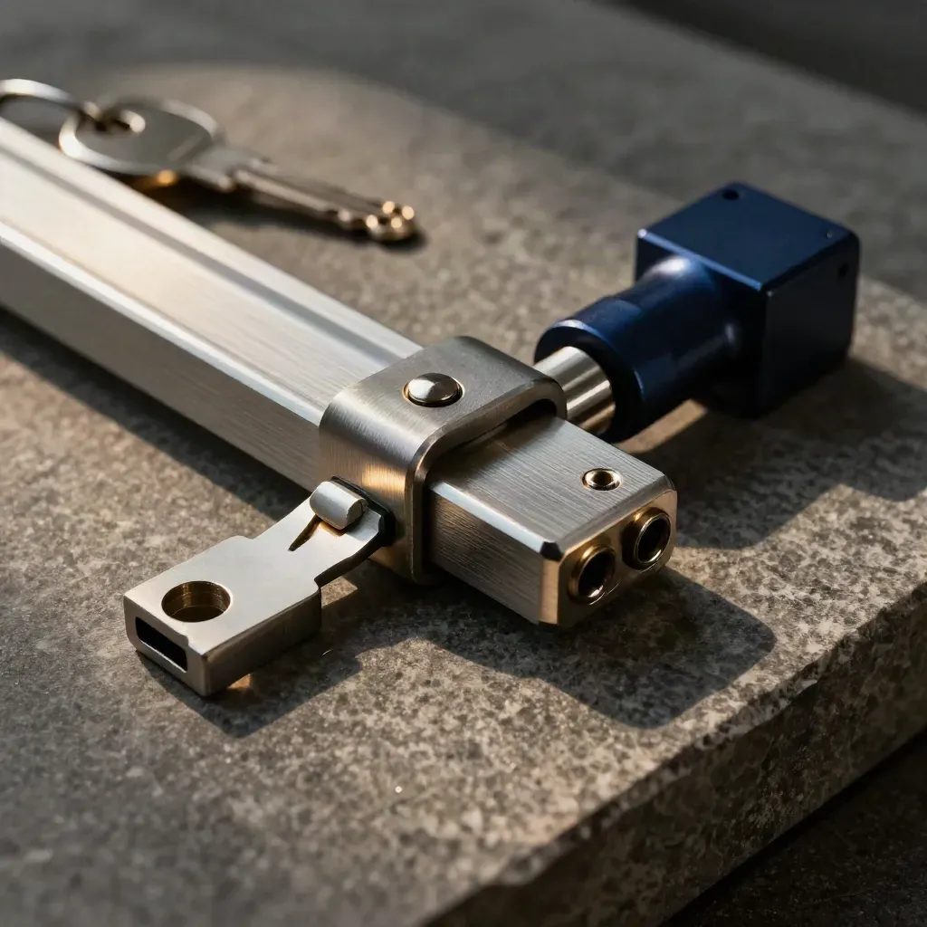 Aluminum workflow rails and pivoting lugs aligned on a limestone plinth under dramatic studio light.