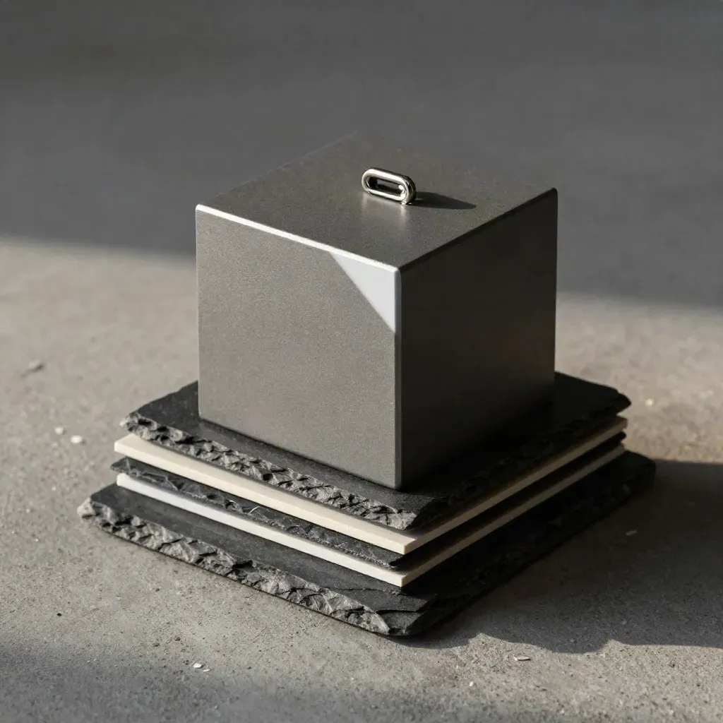 Graphite cubes, slate tiles, and a metal link pin on concrete, lit from upper left.