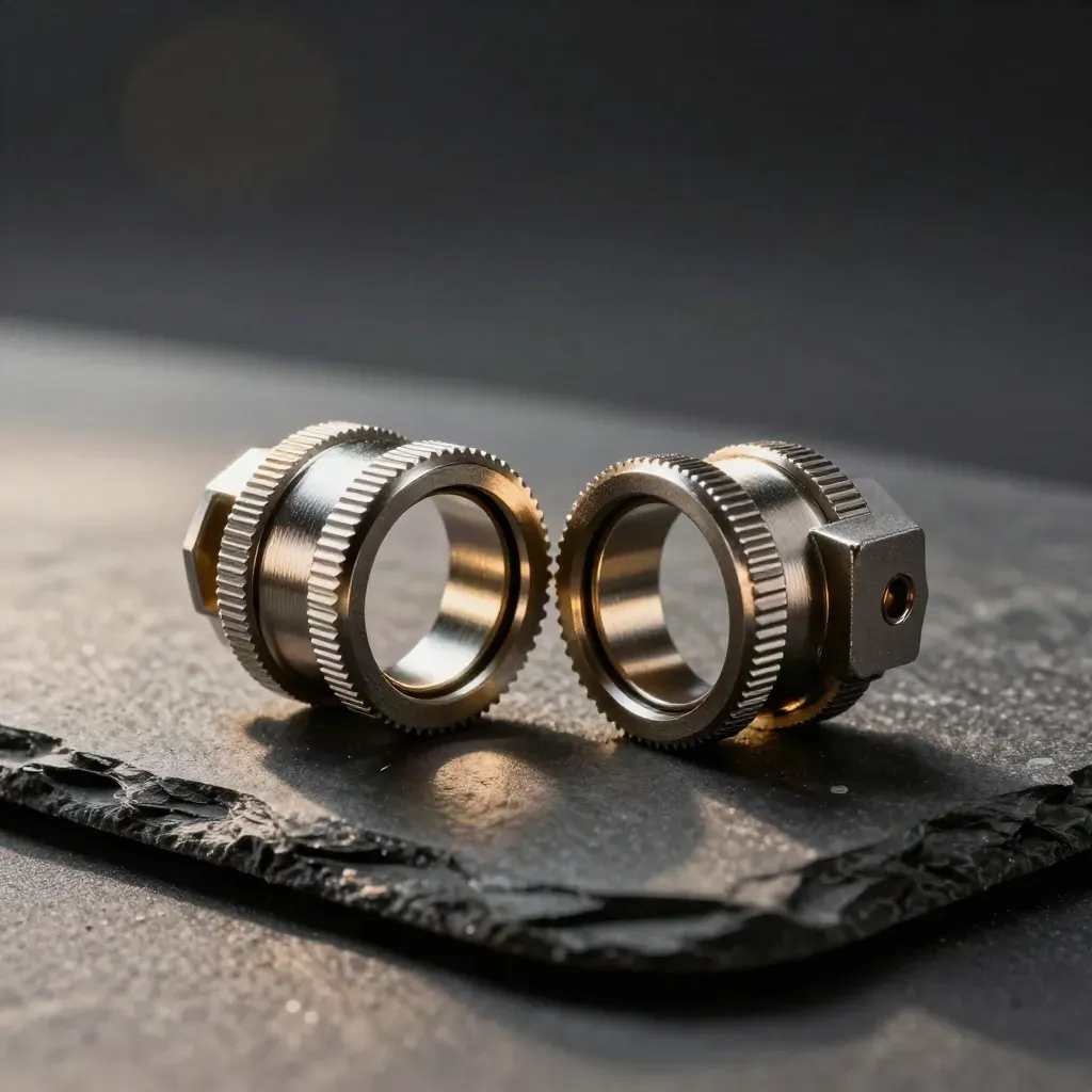 Brushed metal connector parts meeting in a symmetrical join on a slate work surface